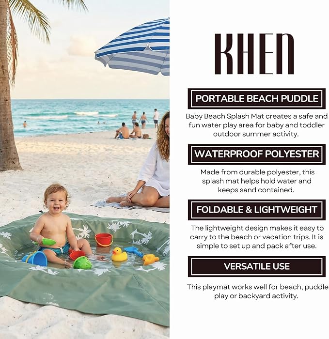 2-in-1 Kids, Baby & Infants Beach Pool & Waterproof Picnic Blanket - Large 6.5' Portable Paddling, Pool & Play Mat & Waterproof Carrying Bag, Outdoor Summer Gear, Toddle Child & Kid Bayside Green Sage