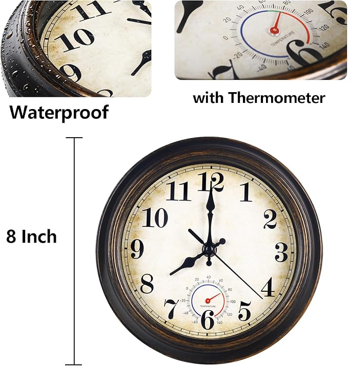 Outdoor Clock Waterproof with Thermometer Wall Clock for Patio Pool Bathroom Kitchen 8 Inch Bronze