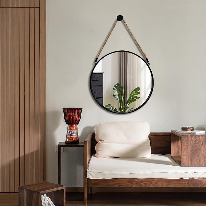 POZINO 20" Round Mirror with Black Metal Frame, Hanging Mirror for Wall | Circle HD Mirror with Jute Rope, Anti-Rust, Farmhouse Decorative Wall Mirror for Entryway, Living Room, Fireplace, Bathroom
