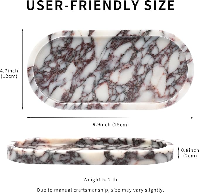 Violet Marble Oval Tray - Stone Decorative Perfume Trinket Jewelry Dish, Catchall Organizer for Bathroom Vanity Dresser Kitchen Countertop Home Decor