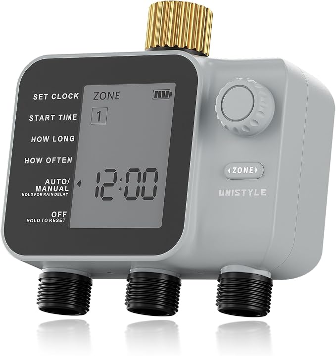[All-New 2027] 3 Zone Sprinkler Timer with Brass Inlet, Unistyle Water Timer for Garden Hose with Rain Delay/Manual Watering/Automatic Irrigation, Hose Timers with Large LCD for Yard and Lawn Patio