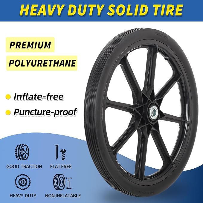 GICOOL 20" Flat Free Tire and Wheel, with 3/4" & 5/8" Bearing, 2.45" Centered Hub, Replacement Wheel For Rubbermaid Wheelbarrow, Garden Yard Cart, 2 Pcs