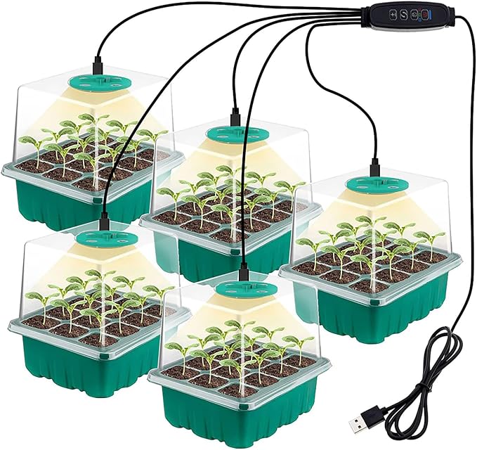 6-Pack Seed Starter Tray Kit with Grow Light | Adjustable Brightness & Timing Controller, Seedling Trays with Humidity Domes & Heightened Lids, Thicken Design