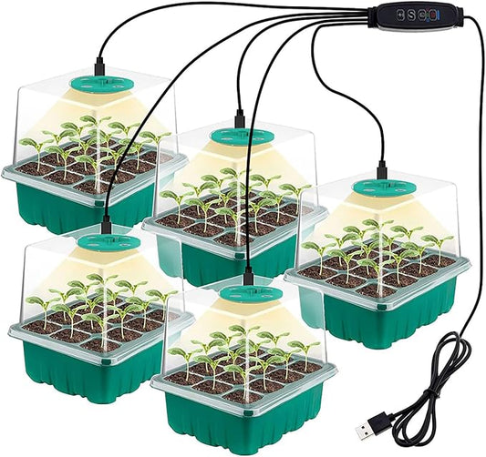 6-Pack Seed Starter Tray Kit with Grow Light | Adjustable Brightness & Timing Controller, Seedling Trays with Humidity Domes & Heightened Lids, Thicken Design