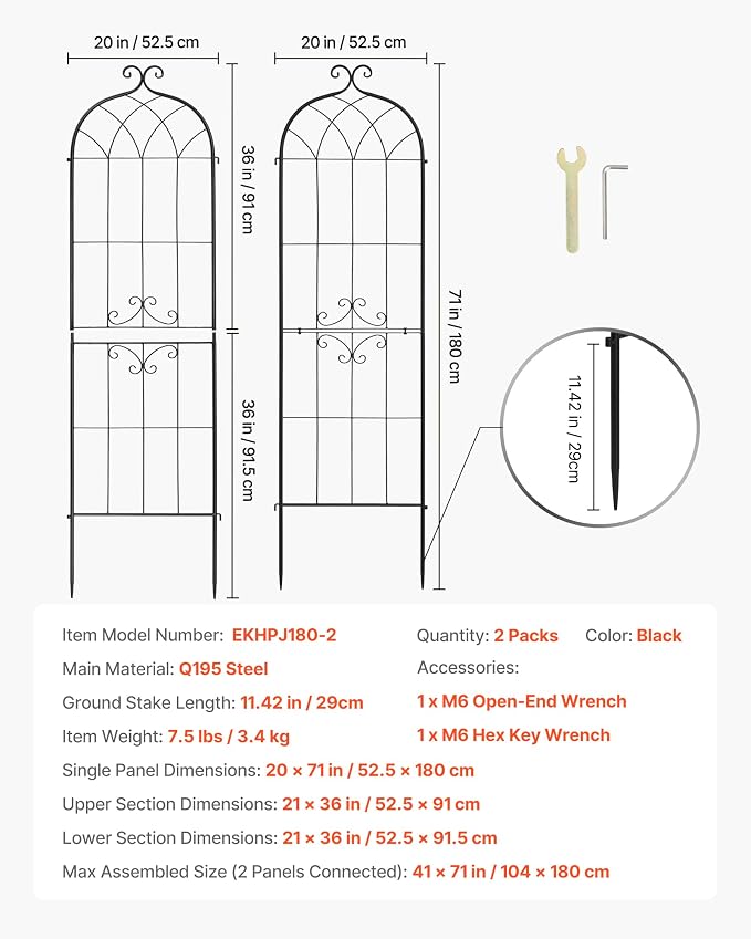 VEVOR Garden Trellis, 71 x 20 inch Rose Trellis, 2 Packs Garden Flower Rose Trellises with Powder-Coated Finish & Convenient Locking Design, Plant Support Trellises for Flowers, Vegetables, Roses