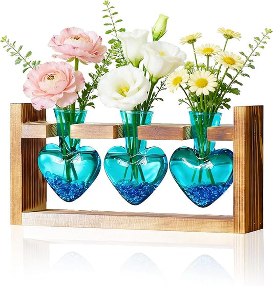 Nacome Plant Terrarium Propagation Stations: Mothers Day Gifts for Mom Plant Lovers Women Wife Daughter - 3 Bulb Glass Vases with Wooden Stand Tabletop for Hydroponics Home Garden Decor