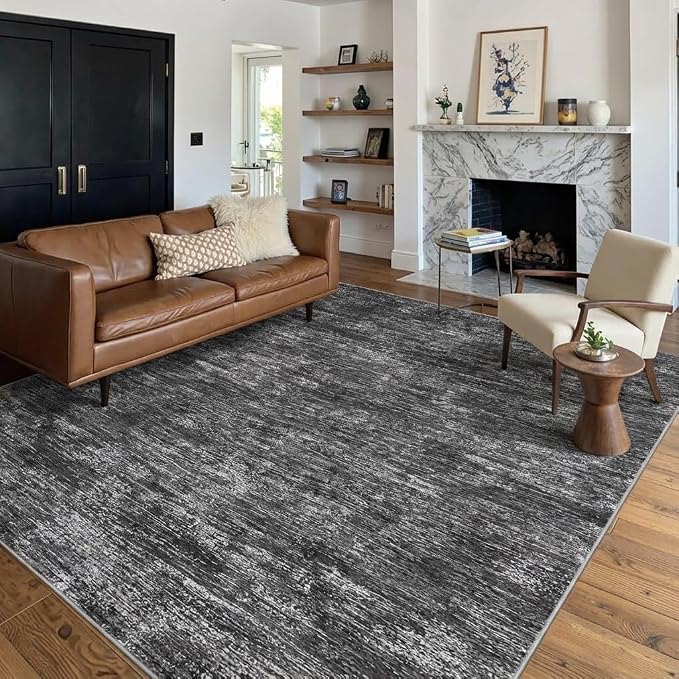 GarveeHome 9x12 Large Living Room Rug Machine Washable Area Rugs for Bedroom, Modern Solid Color Rugs with Rubber Backing, Stain Resistant Low Pile Neutral Mats for Bedroom, Dining Room, Dark Grey