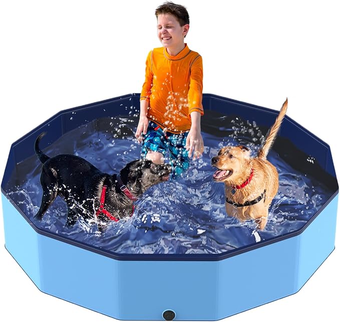 PETOCAT Foldable Pool for Dog and Kids 57" Washing Portable Plastic Tub for Large Dog, Non-Slip Collapsible Kiddie Swimming Wading Pool for Toddler Age 3-5 Outdoor Backyard