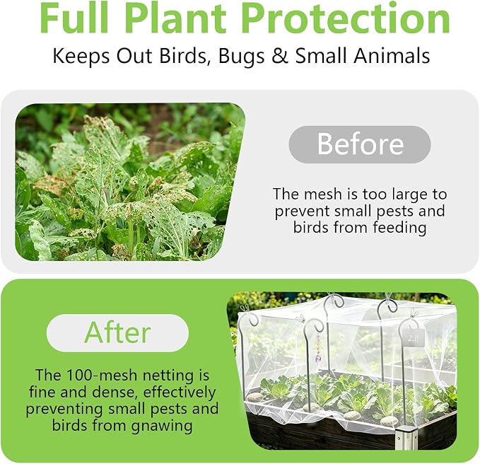 Garden Netting Kit for Raised Beds, 10 x 13 FT Ultra Fine Insect Mesh with 8 Upgraded Hook-Top Stakes & 20 Clips, Plant Cover for Vegetables, Fruits & Pest Protection