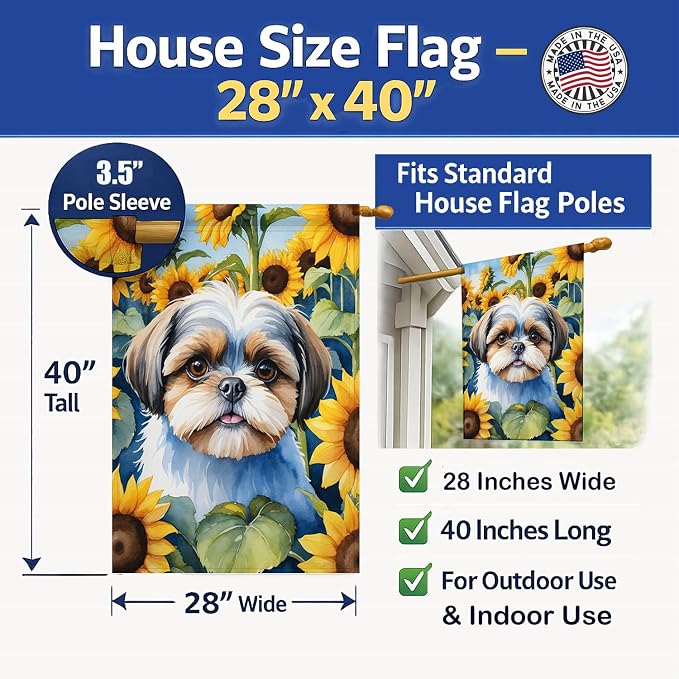 Caroline's Treasures DAC6162CHF Shih Tzu in Sunflowers House Flag Large Porch Sleeve Pole Decorative Outside Yard Banner Artwork Wall Hanging, Polyester, House Size, Multicolor