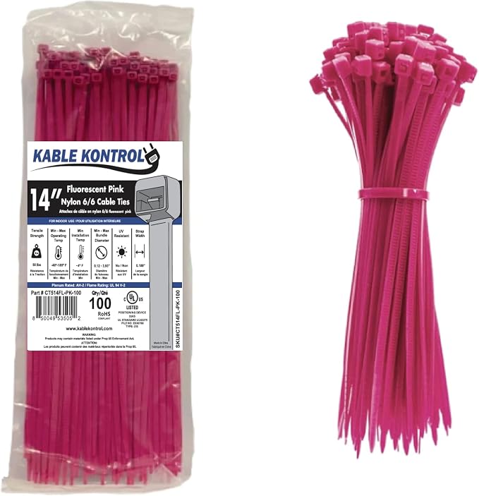 Kable Kontrol Fluorescent Pink Zip Ties 14 Inch 100 Pcs, 50 Lbs Tensile Strength, Self-locking Nylon Colored Cable Ties Wire Wraps for Indoor or Outdoor Use…