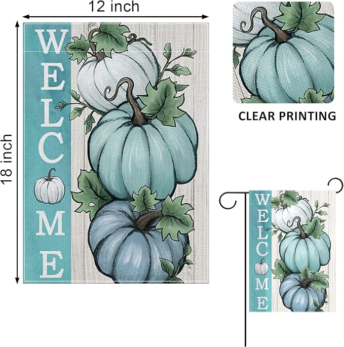 Welcome Fall Teal Blue White Pumpkins Decorative Garden Flag, Autumn Farmhouse Seasonal Yard Outside Decorations, Thanksgiving Burlap Outdoor Small Home Decor Double Sided 12 x 18