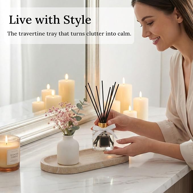 Travertine Vanity Tray for Bathroom Counter, 10"x5" Natural Marble Tray, Hand Polished, Perfume Organizer with Non-Slip Base, Candles, Stone Jewelry Dish (Travertine Beige, 9.8X4.7)