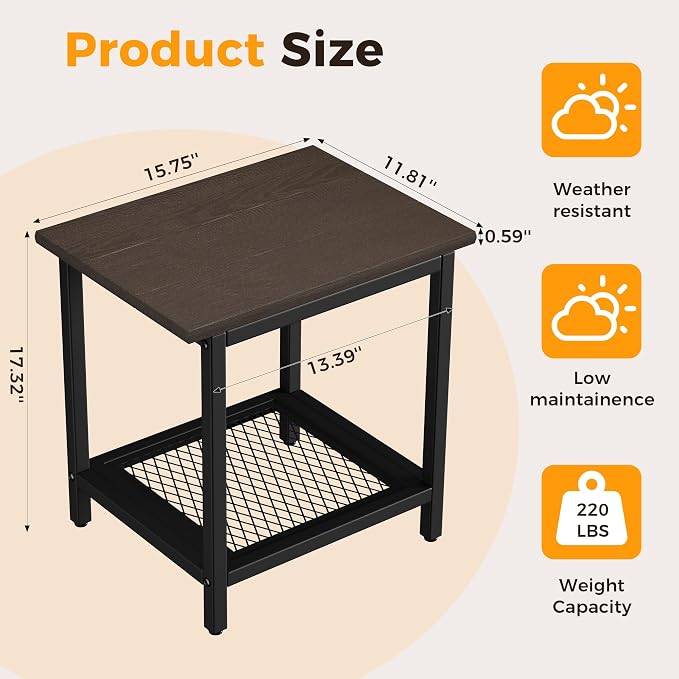 2-Tier Outdoor Side Table with Storage, Weather Resistant Patio End Table, HDPS Small Accent Table for Deck, Garden, Pool, Backyard, Brown
