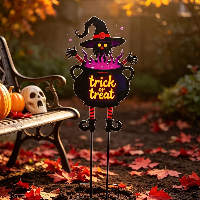 Witch Halloween Decorations Cauldron 39.7" with Trick or Treat Sign | Large Halloween Yard Stakes Metal for Garden, Lawn, and Outdoor Spooky Yard Decorations