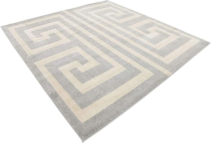 Unique Loom Athens Collection Classic Geometric Modern Border Design Area Rug (8' 0 x 8' 0 Square, Gray/ Beige)