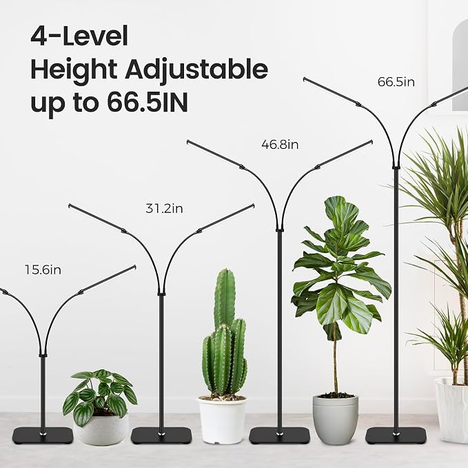 Plant Grow Light for Indoor,Full Spectrum Dual Heads Grow Light | 66.5in Extendable Stand,144 LEDs,10-Level Dimmable, Auto Timer, Adjustable Gooseneck Floor Lamp for Tall Large Plants