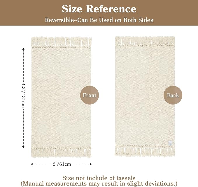 2' x 4.3' Boho Kitchen Runner Rug, White Washable Bathroom Rug | Hand-Woven Reversible Entryway Rug, Modern Farmhouse Soft Front Door Mat, Low Profile Bedroom Rugs for Laundry Bedside Decor