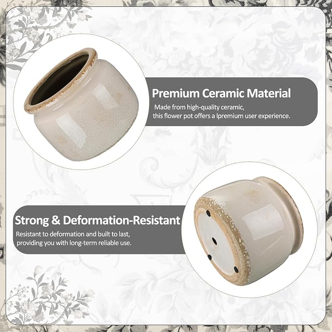 7.7″ Large Vintage Ceramic Plant Pot Pure Beige Rustic Planter with Ice Crackle Glaze & Drainage Hole for Indoor Outdoor Plants Farmhouse Home Kitchen Office Decor Gift for Women Teacher