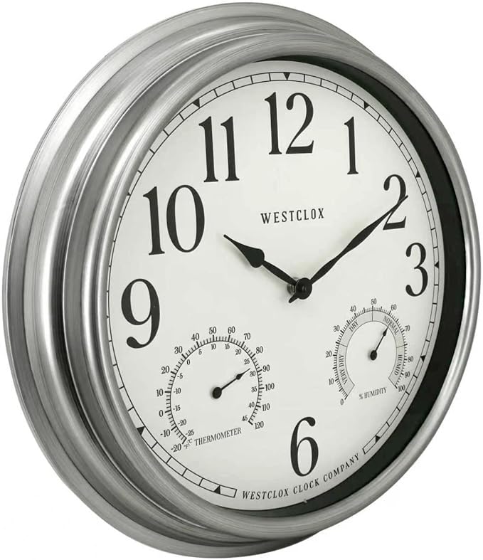 Westclox 15.75” Outdoor Wall Clock with Temperature & Humidity Display, Weather Resistant, Silver Finish, Glass Lens, Battery Operated