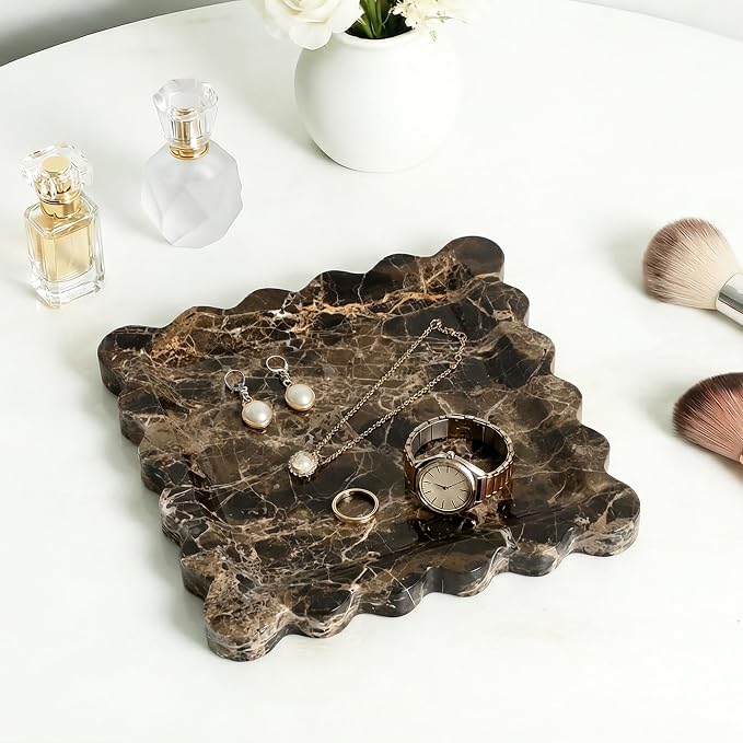 Scalloped Square Marble Decorative Tray, Natural Stone Vanity & Jewelry Tray, Trinket Organizer for Ring, Key, Dresser, Nightstand, Bathroom Counter & Kitchen Sink(Dark Brown Net)