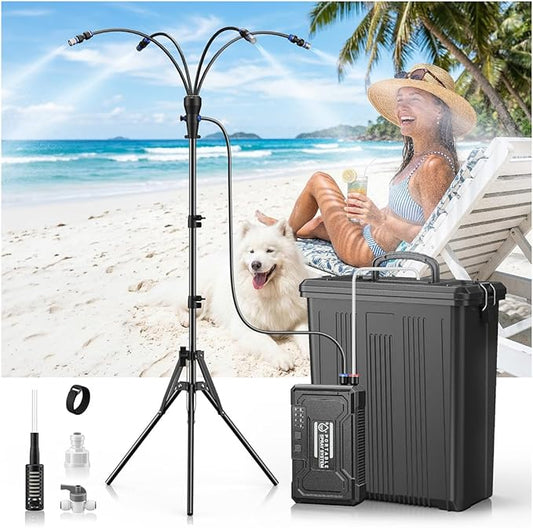Portable 4 Gallon Misting System with 15000mAh Rechargeable Pump, Stand, 33FT Hose – Powerful Outdoor Water Bucket Misters for Outside Patio Cooling, Backyard, Canopy, Sports, Greenhouse, Camping