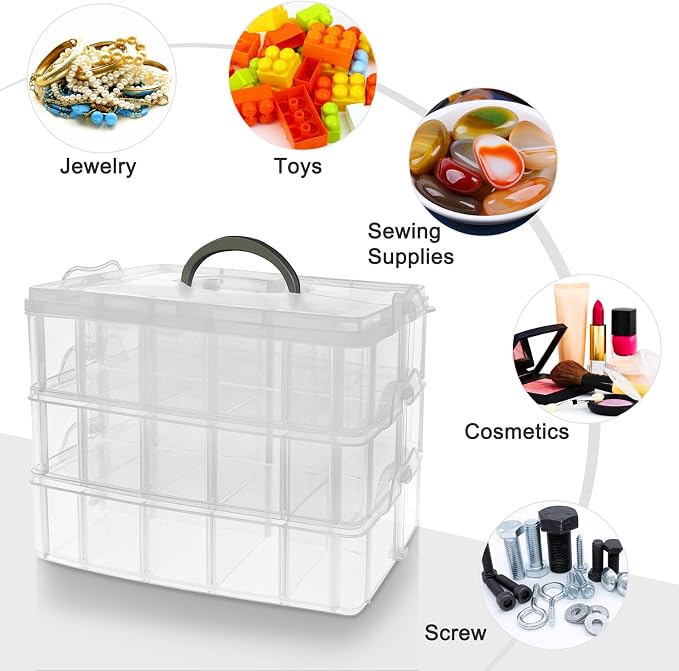 Guyuyii 3-Tier Stackable Bead Organizer with Adjustable Dividers and Handle | Portable Storage Case for Craft, Sewing, Jewelry Making | Compatible with Beads, Embroidery Floss, Washi Tape, Lego Pieces