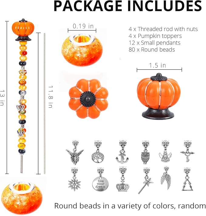Prefdo DIY Fairy Wand Garden Stake - Autumn Pumpkin 4-Pack | 4 Toppers, 4 Rods, 80 Beads, 12 Silver Pendants. Outdoor Décor for Halloween Fall Christmas. DIY fairy wand or plant stake.