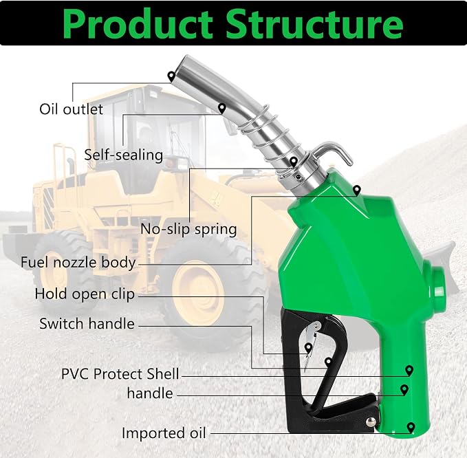 Azdele 1'' Fuel Nozzle With Hose Swivel & Hook, Max Flow 30GPM, 3-speed Latch Auto Shut Off 19/16"(OD=30mm), Automatic Aluminum Alloy Fuel Nozzle for Gasoline, Diesel, Biodiesel, Kerosene