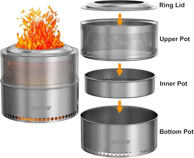 unho 20 Inch Stainless smokeless firepit for Outside Wood Burning Stove | smokeless Stainless Steel Outdoor Portable Fire Pit for Backyard, Garden, Picnic，outside bonfire fire pit