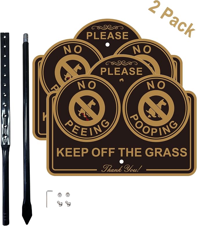 Amexiu No Dog Pooping Peeing Sign, Keep off Grass Yard Lawn Sign with 36-Inch Metal Stakes, 9.5 x 7.5 Inches Aluminum, 2Pack