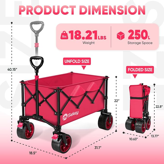 Sekey 250L Wagons Carts Foldable with Big All-Terrian Beach Wheels, Collapsible Heavy Duty Wagon, Extra Large Folding Wagon,Foldable Wagon for Camping, Garden, Sports. Pink