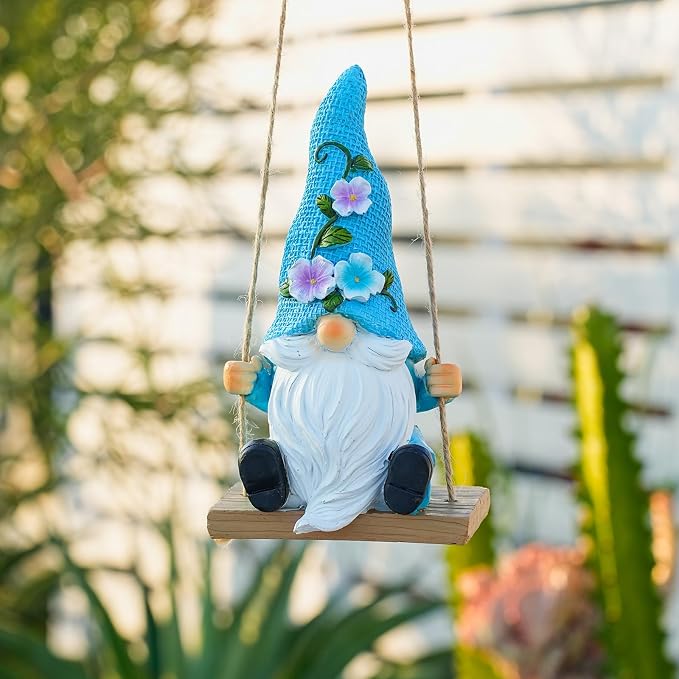 Hanging Garden Gnomes Outdoor Decor, Funny Gnome on Swing Figurine for Yard Tree, Miniature Whimsical Fairy Garden Ornament & Spring Gifts for Women, Resin Sculpture
