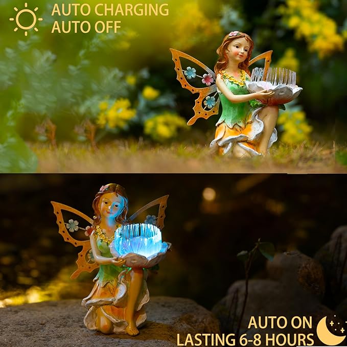 Suyorpe Solar Fairy Garden Statue Lights Outdoor Decor - Fairies Resin Waterproof Change Light Figurine for Patio Backyard Yard Lawn Decoration,Gift for Mom Grandma Wife