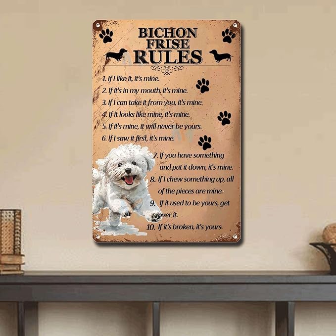 Metal Sign Tin Sign Vintage Wall Art Bichon Frise Rules Bathroom Signs Decor for Club 12×16 Inches