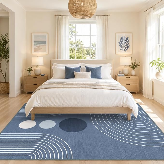 Area Rug 5x7 Boho Modern Minimalist Geometric Abstract Rug Dusty Blue Mid Century Modern Rug for Living Room Machine Washable Non-Slip Printed Low Pile Indoor Carpet for Bedroom Dining Room Office