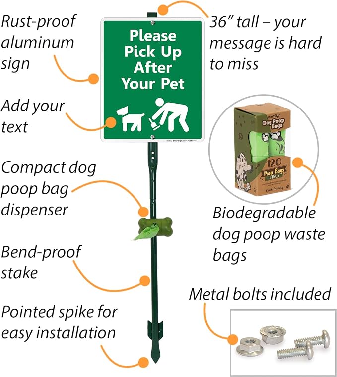 SmartSign Please Pick Up After Your Pet Yard Sign (Green/White), Clip-On Preloaded Dispenser Combo/Kit with 135 Dog Poop Waste Bags, 10"x12" Rust-proof Aluminum Sign with 3ft Steel Stake