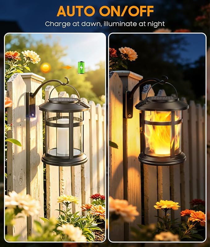 Solar Lanterns Outdoor Waterproof, 2 Pack Upgraded Flickering Flame Hanging Solar Lights for Outside Decorative, Solar Powered Lanterns Lighting for Garden Patio Table Porch Decor Gifts