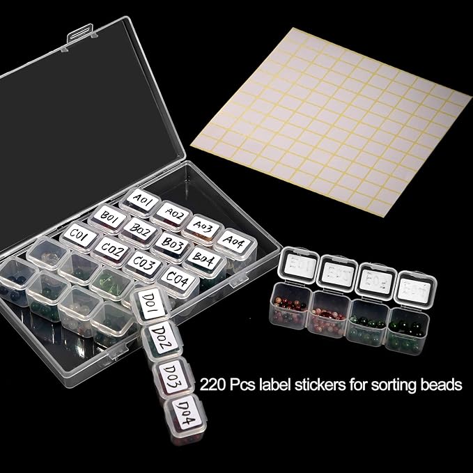 KINJOEK 4 Pack 28 Grids Diamond Paint Storage Boxes, 112 Slots Plastic Bead Organizer Containers with Labels, Movable Dividers Diamond Bead Painting Art Case for Cross Stitch Accessories Supplies