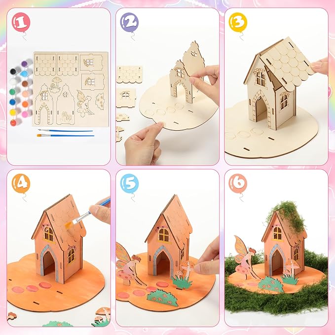 DoubleFill 6 Sets Wooden Fairy House DIY Kit Craft - DIY Fairy Garden with Paints & Decorations - Arts Crafts & Birthday Gift for Craft Activity Party Decor (Cute Tall)