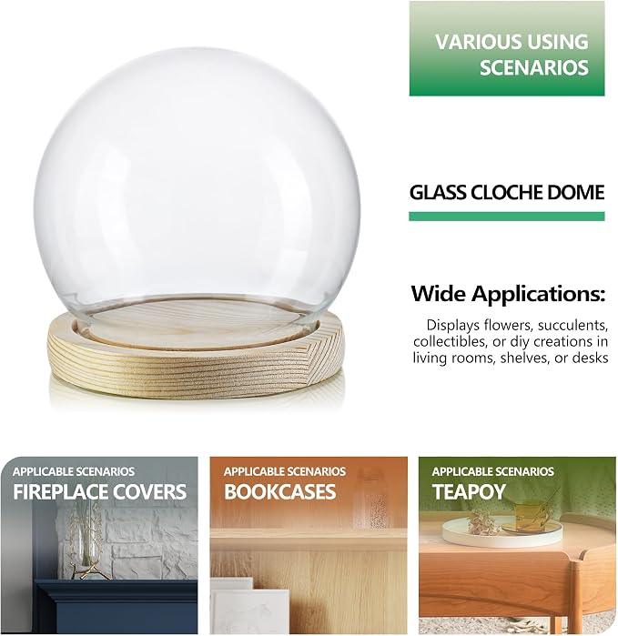 ZEERSHEE Glass Display Dome Cloche with Wooden Base, 4.7" Round Bell Jar | Clear Glass Cover with Secure Wood Base, Perfect for Plants, Collectibles, Desserts & Home Displays