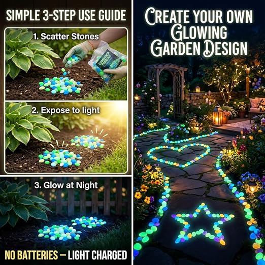 Glow Colorful in the Dark Garden Rocks – Night Guide Stones for Yard, Walkways, Fish Tanks & Landscaping, Luminous Outdoor Decorative Pebbles for Aquarium, Pathway, and Garden Decor (200, Yellow)
