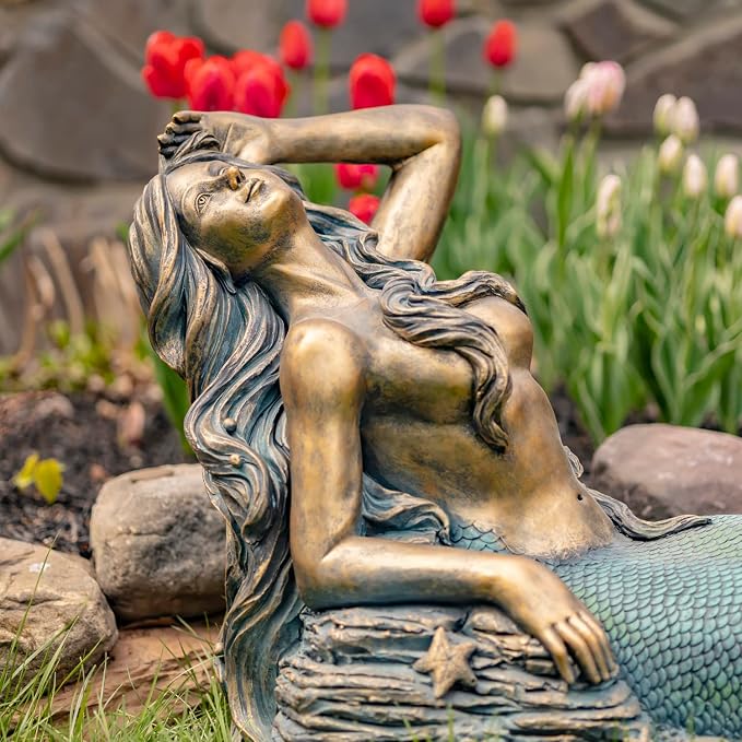 Magnesium-Based Cement Mermaid Statues for Both Indoor and Outdoor Use (Reclining on Rock Mermaid Camree)