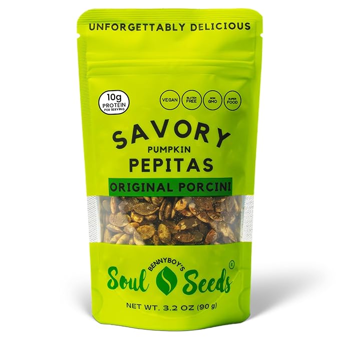 Soul Seeds Original Porcini Pumpkin Seeds – Organic Roasted Pepitas with Porcini Mushroom, Nutritional Yeast & Himalayan Salt, Savory Umami Vegan Snack, Crunchy Seed Topping, 3.2 oz