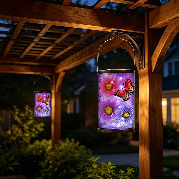 Hanging Solar Lantern Outdoor Waterproof Flowers Butterfly Solar Lights Glass Tabletop Decorative Lamp for Outdoor Patio Garden Outside Yard Decor