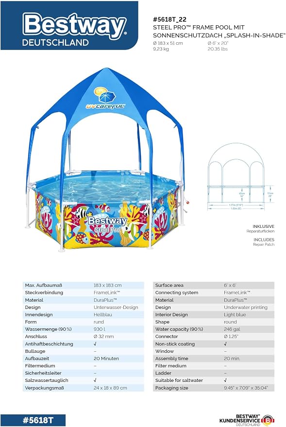 Bestway Steel Pro Frame Pool with Sun Protection Roof Splash-in-Shade Without Pump Diameter 183 x 51 cm Colourful Underwater Design Round