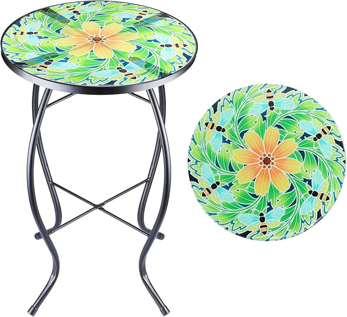 VCUTEKA Outdoor Side Table Mosaic End Patio Side Table Small End Tables Glass Top Round Balcony Coffee Tables Porch Indoor Glass Top Bee 14''
