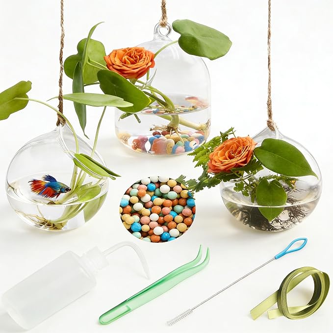 3 Pack Hanging Propagation Stations with Care Tool Kit (Squeeze Bottle & Tweezers Included), Glass Wall Planters for Indoor Plants, Hydroponic Terrarium Vases, Plant Lover Gifts for Women, Home Decor