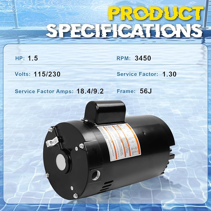 B129 Pool Pump Motor 1.5 HP 56J Frame Fit for Century A.O. Smith 1 Speed | Fit for Century A.O. Smith 1.5HP Single Speed, 3450 RPM, 56J Frame, 115A/230V, 18.4/9.2 Amps, Swimming Pool Motor