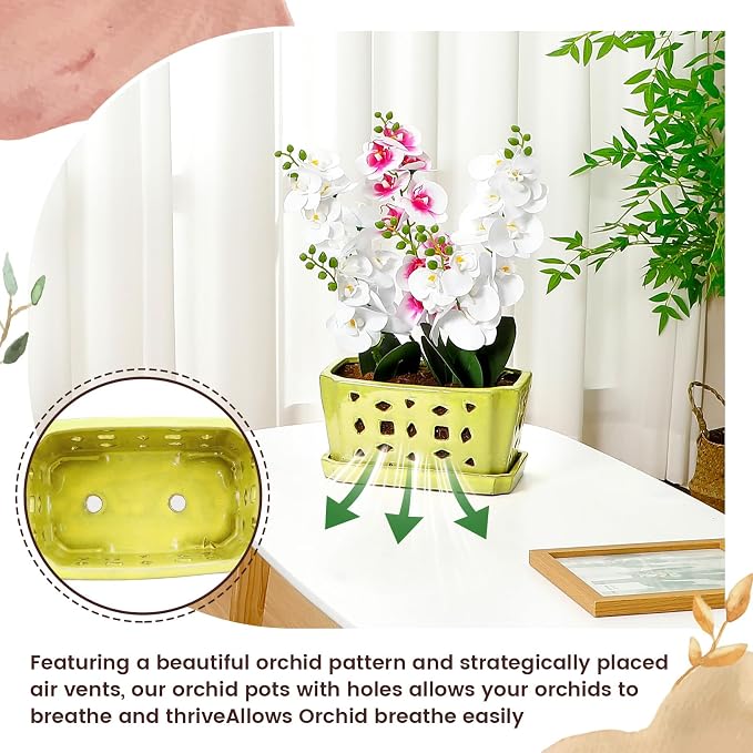 Teenyyou 1 Set Orchid Pot with Holes 9.5 Inch Ceramic Orchid Pot with Saucers for Repotting Amaryllis Flower Planter Include Gardening Shovel Set and Gloves for Home Decor(Yellow)